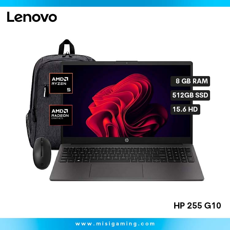 Laptop HP 255 G10 - Procesador Amd Ryzen 5 7520U - Almacenamiento 512 Gb Ssd - Memoria Ram 8Gb Ddr5 - 15.6" HD - Con Mochila Y Mouse