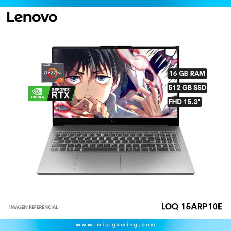 Laptop Lenovo LOQ 15ARP10E - Procesador Amd Ryzen 7 7735HS - Almacenamiento 512Gb Ssd - Memoria 16Gb Ram - Geforce Nvidia RTX 3050 6Gb - 15.6" FHD
